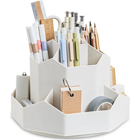 Houhence – Organisateur de bureau rotatif 360° – 9 compartiments en plastique PP – Rangement stylos, papeterie et cosmétiques (1/5)
