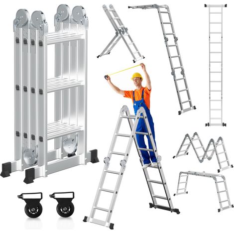 Randaco Escalera transformable 7 en 1 de aluminio, 4x3 peldaños, aprox. 360 cm / 3,6 m, plegable, 2 plataformas + 2 ruedas, carga máxima 150 kg (1/5)