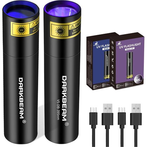 Lampe Torche UV 365nm et Lumière Noire 395nm, Mini Lampe poche puissante USB rechargeable Lampe de Wood LED ultraviolette, Détecteur pour urine, ambré, résine, 2 Paquets (1/5)