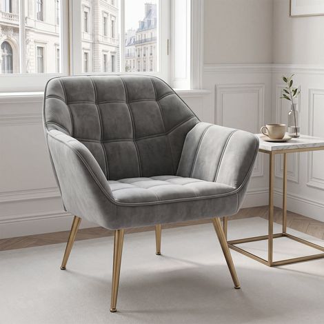 Wahson Fauteuil en Velours, Fauteuil Salon Moderne Fauteuil Scandinave avec Pied Doré Fauteul Rembourré pour Chambre, Gris