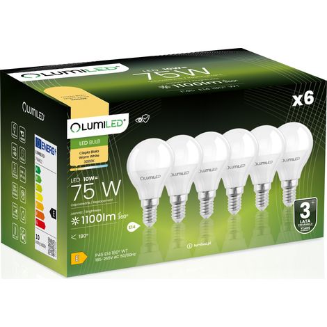 6 bombillas LED E14 tipo bola P45 10W = 75W 11100lm 3000K Cálido 180° lumiled (1/5)