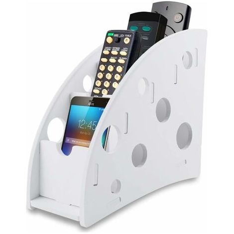 Organiseur de télécommandes à 4 compartiments, blanc, pour ranger télécommandes et téléphones portables, boîte de rangement en bois composite. (1/5)
