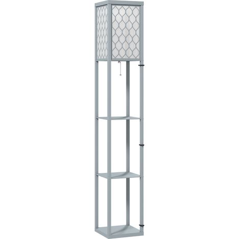 Lampadaire sur pied avec étagères 3 niveaux, interrupteur à tirette, 26 × 26 × 160 cm, gris et blanc (1/5)