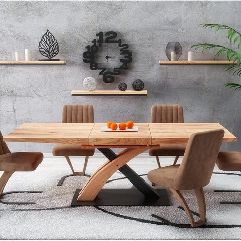 Table de salle à manger design avec rallonge intégrée aspect chêne doré et acier noir Millenium (1/4)