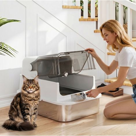 Litière XXL en acier inoxydable avec double accès, bac 52L, pour grandes et multiples chats (1/5)