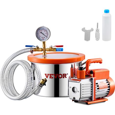 VEVOR Pompe a Vide 99 L/min Chambre a Vide Inox 5,7 L 1,5 gal, Kit Chambre Degazage Pompe a Vide Un Etage, Couvercle Acrylique, Bouteille Huile 330 mL, Tuyau 1,5 m, pour Degazage Resine Epoxy Silicone
