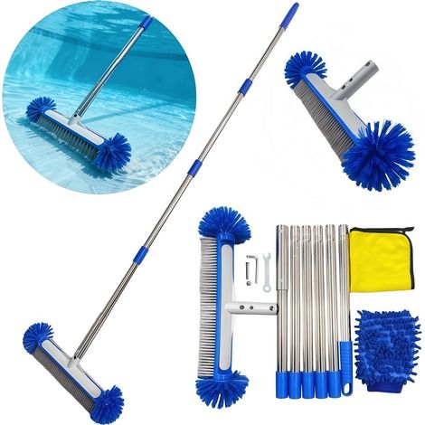 Kit de nettoyage piscine complet - brosse extra-large 43 cm et manche inox 1,9m - fixation à vis sécurisée (gant et serviette inclus) (1/5)