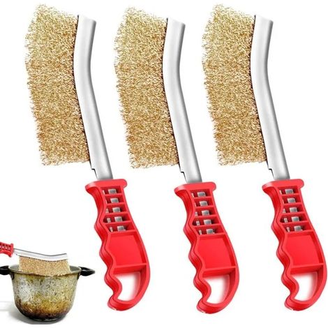 Ensemble de 3 brosses en fil de laiton Brosse pour barbecue avec manche ergonomique pour graisse, rouille et taches difficiles (1/4)