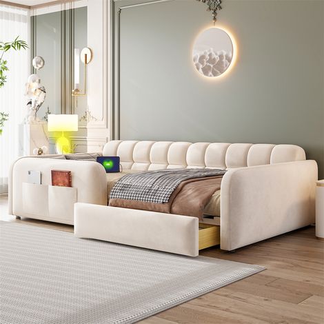 Lit 90x200cm - Lit Enfant Rembourré avec Veilleuse, Port de Charge USB & Grand Tiroir de Rangement - Velours Beige (1/5)