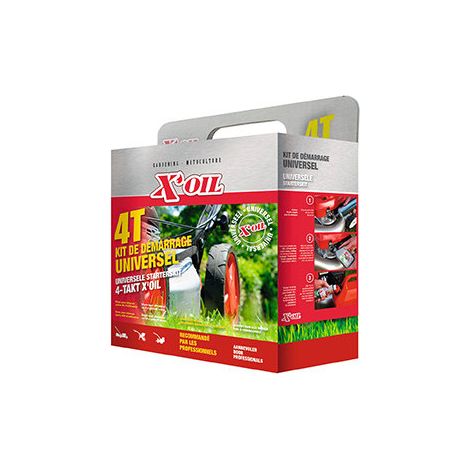 Universelles 4-Takt-Startpaket für Rasenmäher, bestehend aus: 1 Entleerungsspritze, 2 4-Takt-Ölfässer à 0,6 l, 1 Additiv S