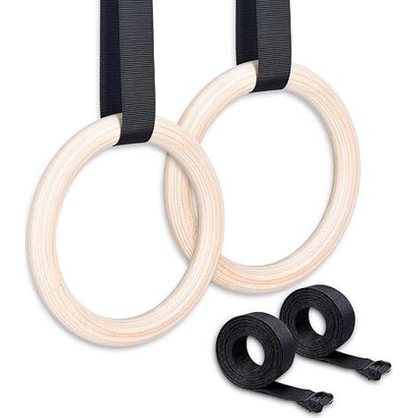 Anneaux de Sport et de Gymnastique en Bois Diamètre 28 mm avec 2 Bandes Nylon 5.1m Suspension Training Exercice Fitness (1/5)