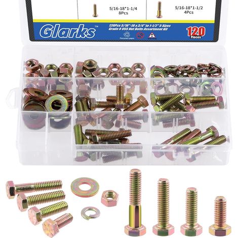 Assortiment de 120 boulons hexagonaux à filetage grossier 5/16"-18 Grade 8 - 4 tailles 3/4", 2,5 cm, 1-1/4", 1-1/2" vis à tête hexagonale et écrous hexagonaux, rondelles de verrouillage plates (1/5)