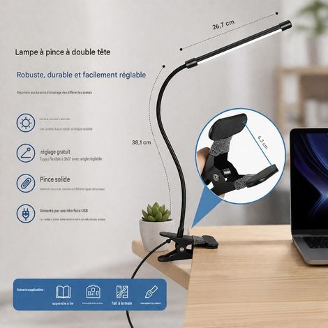 Lampe à pince LED USB sans socle, lumière anti‑éblouissante, bras flexible, plusieurs niveaux de luminosité pour bureau et chambre (1/5)