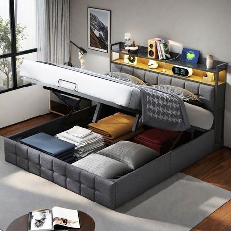 Bett 140x190 cm - Bett mit Stauraum und LED sowie USB - Doppelbett 140x190 cm mit Stauraum und Kopfteil - Bett für 2 Personen - Grau
