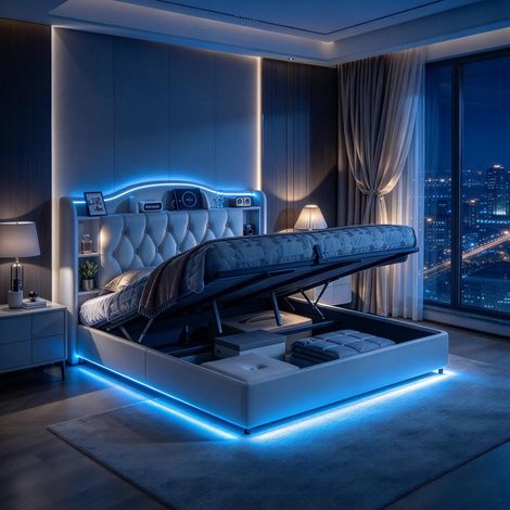 FOERPL-Letto Contenitore 140 x 200 cm con LED e Porta USB, Letto Matrimoniale Imbottito 140x200 con Rete a Doghe, Letto Idraulico 140x200 con Ripiani a Giorno e Vano Contenitore, Letto per 2 Persone p (1/5)