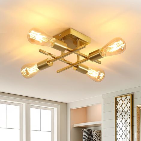Goeco Vintage Brass 4-Light Ceiling Light, Gold Finish Square Flush Mount 28cm, E27 Lampholder for Living Room Dining Room Bedroom Hallway (1/5)