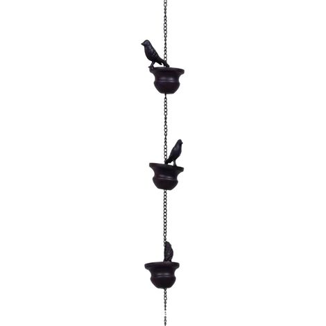 Chaîne de pluie vintage en métal à suspendre — Chaîne de drainage et carillon éolien sur le thème des oiseaux (lot de 6 oiseaux) — noir, 0,8 mètre