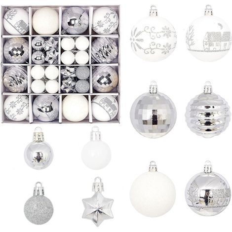 Lot de 44 boules de Noël Blanc argenté - Décoration à suspendre - Pour décoration de sapin de Noël - en plastique (1/2)