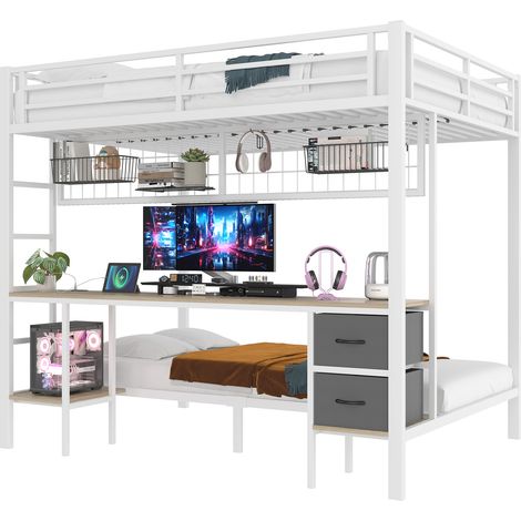 Letto a Soppalco Matrimoniale con Scrivania, Cassetti, Mensole, Griglia, LED e USB, 140×200 cm, senza Materasso (1/5)