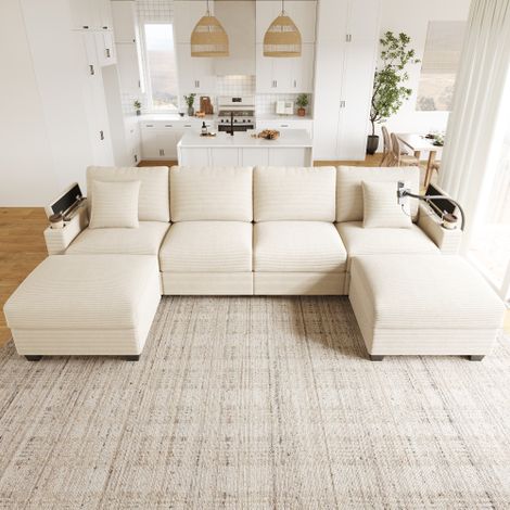 Canapé d’angle modulable en u convertible en velours côtelé beige avec usb, porte-téléphone et rangements