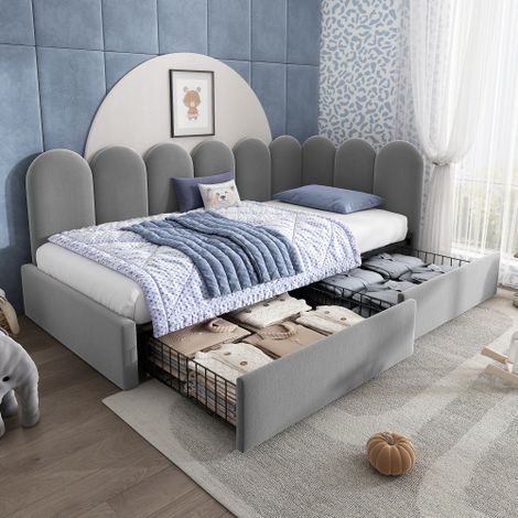 Lit banquette 90x190 cm - avec 2 tiroirs - tissu en velours - avec sommier à lattes - Gris(sans matelas)