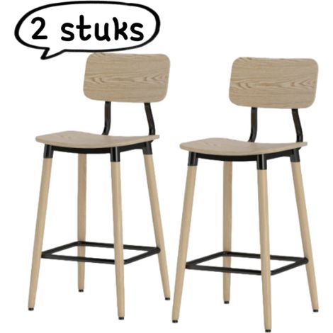 Lot de 2 tabourets de bar tabourets avec dossier et repose pieds chaises de cuisine avec pieds en acier adapté pour cuisine salon et salle à manger finition bois naturelle (1/5)
