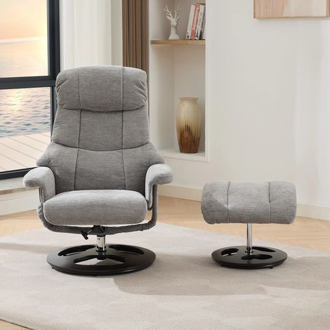 Komfortabler Relaxsessel mit Massage und Wärmefunktion, Liegefunktion & Hocker, 360° drehbar, Chenille-Stoff Grau