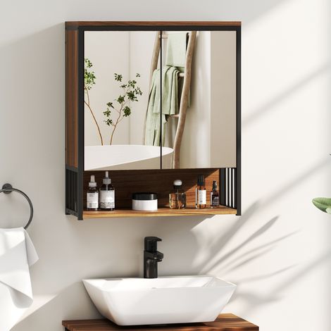 Armoire de salle de bain murale avec miroir, en MDF et aggloméré, marron (1/5)