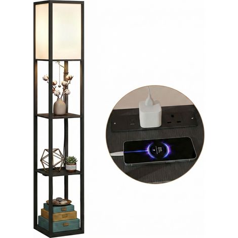 HOMCOM Floor Lamp with 3-Tier Storage Shelf for Home Office, Black