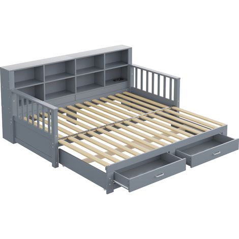 Sofá cama extensible de madera gris 90x190 cm con 2 cajones y almacenaje (1/5)
