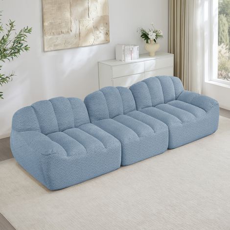 Sofá modular de 3 plazas con otomana en tejido polar granulado azul, diseño sin estructura, asiento profundo (1/5)