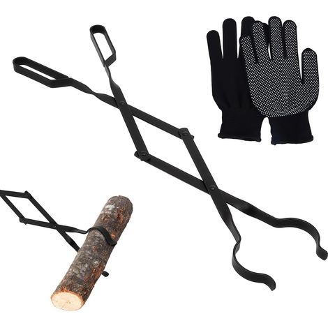 Pince à bois de cheminée de 66 cm - Pour charges lourdes - Pliable - Longue pince à bois de chauffage - Anti-brûlure - Pour feu de camp et poêles de cheminée - Avec paire de gants (1/5)