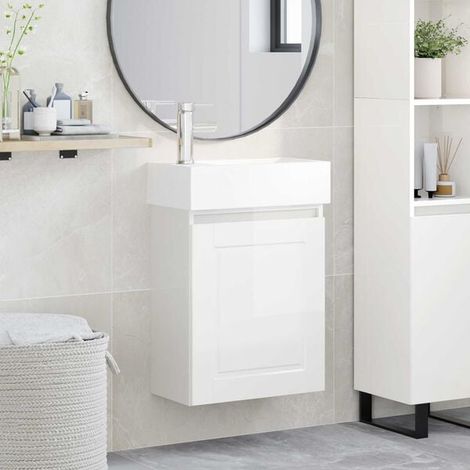 Meuble de salle de bain avec robinet Blanc Brillant, Meuble Mural, Design Moderne (1/5)