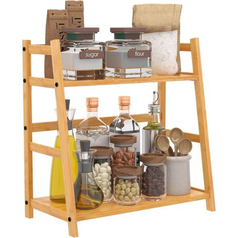 1 Étagère à épices, Bambou naturel, 2 niveaux, Rangement cuisine, Bureau, Salle de bain (1/5)