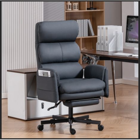 Fauteuil de bureau inclinable gris-noir avec repose-pieds, accoudoirs et appui-tête réglables sur 6 niveaux, simili cuir anti-griffures pour chat, fauteuil de patron domestique (1/5)