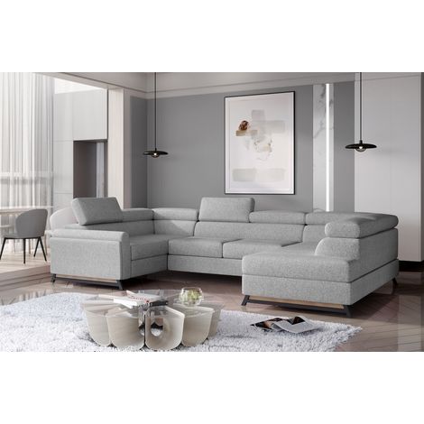 Canapé panoramique convertible - ESTEBAN - en tissu prestige luxe gris,  7 places, partie sans accoudoir à droite (vu de face) (1/5)