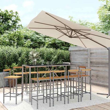 Ensemble Table de bar + 10 Chaises de bar - Table Haute avec 10 Tabourets gris poly rotin/bois massif acacia BV549412 - BonneVie (1/5)