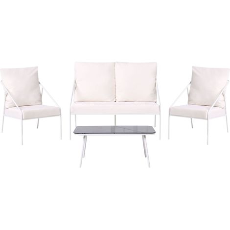 Garden Set White Metal Cotton 4 Seater Cushions with Removable Covers Armchairs Sofa Table Modern USTICA