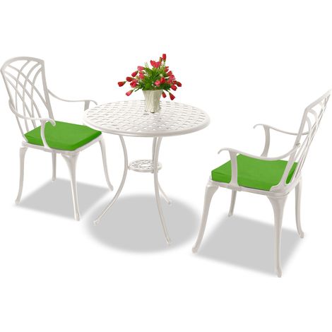 Homeology OSHOWA White Aluminium Weatherproof Outdoor Table and 2 Comfortable Chairs with Armrests Bistro Set with Green Cushions (1/5)