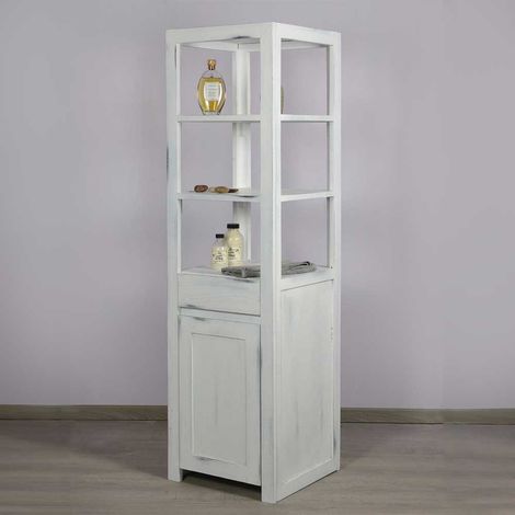Colonne de rangement salle de bain sur pied en bois blanc - teck blanchi (1/5)