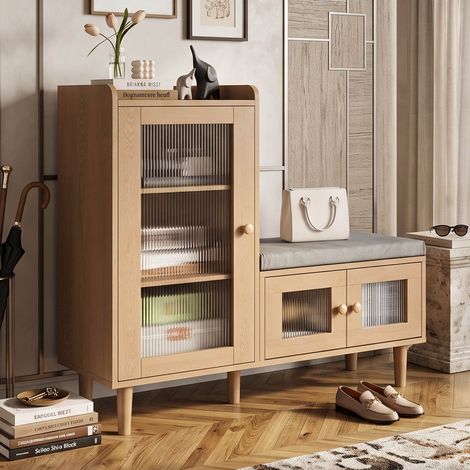 Creahappy Meuble Chaussures avec Banc 100x35x90 cm, Rangement Entrée Gain de Place, Portes en Verre Cannelé, Étagères Réglables Chêne (1/5)