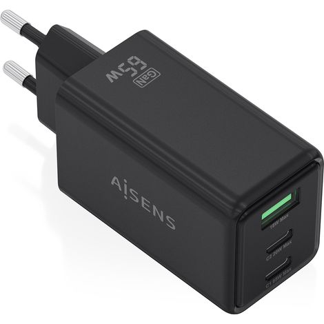 Cargador de Pared GaN Aisens ASCH-65W3P073-BK/ 2xUSB Tipo-C/ 1xUSB/ 65W/ Negro