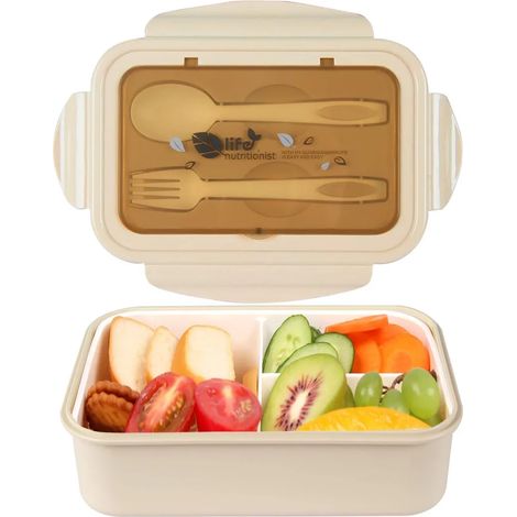 Brotdose Lunch Box Kinder, Bento Box Lunchbox mit 3 Fächern und Besteck, Vesperdose Geeignet für Mikrowellen und Spülmaschinen, Schule Arbeit Picknick Reisen, kein Fremdgeruch (Khaki)
