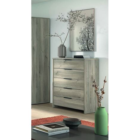 Commode contemporaine 5 tiroirs chêne gris Gladys (1/5)