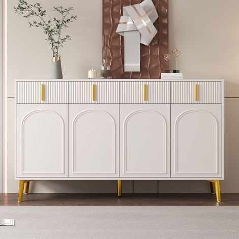 Credenza - 140x38x82 cm - 4 ante e 4 cassetti - Design moderno con maniglie e piedini dorati - MDF - Elegante finitura bianca (1/5)