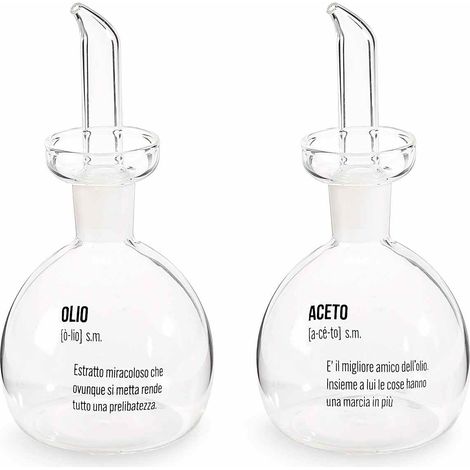 Ampolle olio / aceto in vetro con tappo dosatore e scritte decorative, set da 4 pezzi, Ø 8,5 cm x 17 H