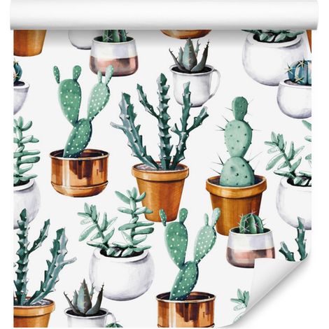 Papier peint à motifs de cactus en pots pour salon et chambre 50x1000 cm (1/5)