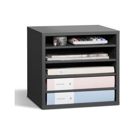 Organizador de Literatura 355 x 305 x 330 mm, Clasificador de Madera de Oficina de 5 Compartimentos con Estantes Ajustables, para Almacenamiento para Archivos, Documentos, Papeles, Gris (1/5)