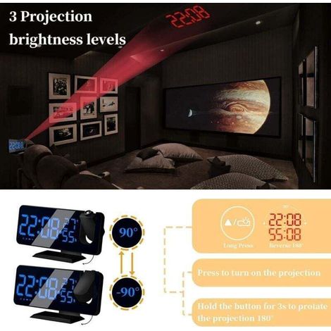 Reveil Projecteur avec Radio, Horloge Numérique, Réveil avec Port de USB, 3 Niveaux de Luminosité Réglables, Snooze et 15 Niveaux de Volume, 12/24h, pour Chambre, Maison, Bureau