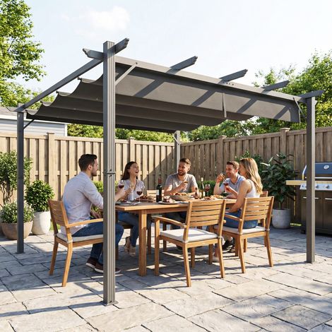 Pérgola de Jardín 3x3 m con Techo Retráctil Protección UPF30+ Drenaje Marco de Aluminio para Patio Exterior Gris Oscuro (1/5)